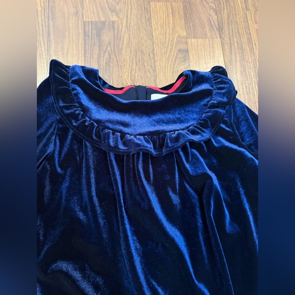 Mini Boden Long Sleeve Navy Velvet Dress Ruffle Collar 9/10 - Picture 6 of 7